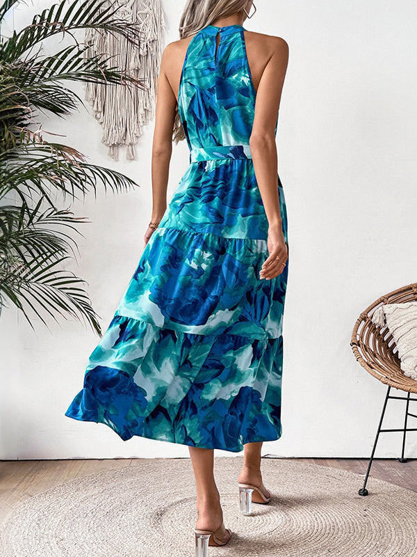 Robe mi-longue ample ajourée plissée imprimée sans manches, à empiècements, à taille nouée, à col rond