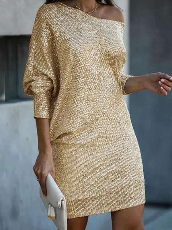 Robe courte ample asymétrique coupe trapèze, à sequins, asymétrique à une épaule, couleur unie