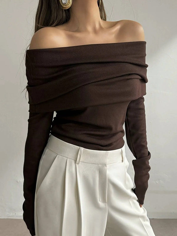 Pull ample à manches longues, à épaules dénudées, couleur unie