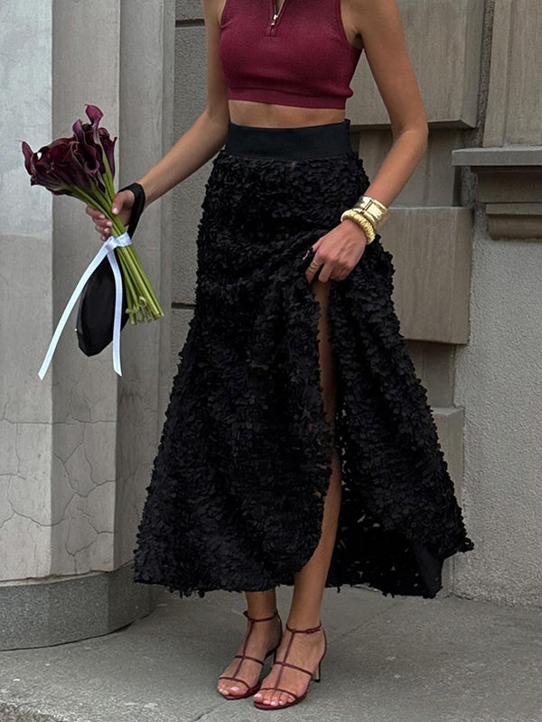 Jupe coupe trapèze, taille haute, à fleurs en 3D, couleur unie