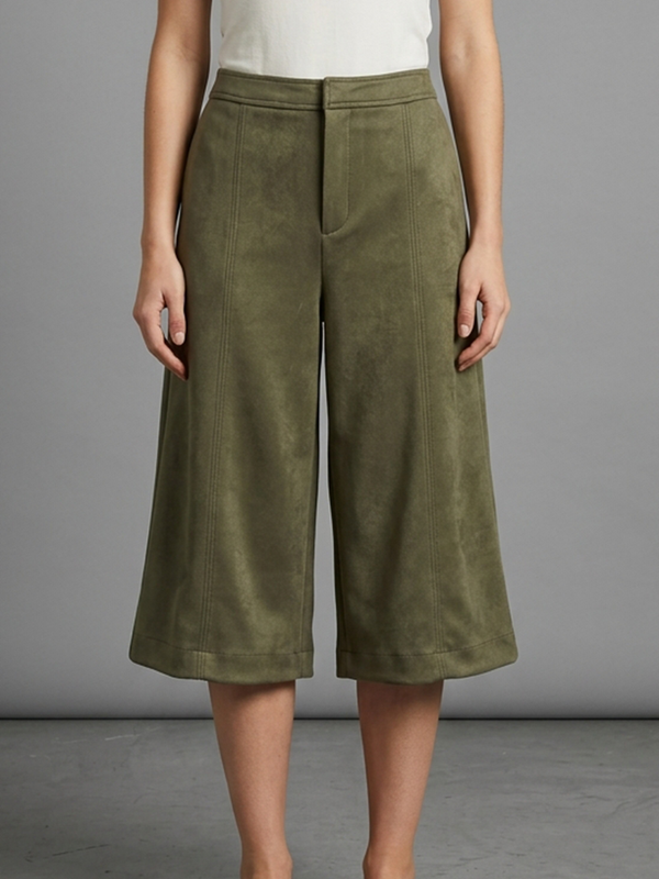 Pantalon court boutonné ample à fermeture éclair, à empiècements, à poches, à jambes larges, couleur unie