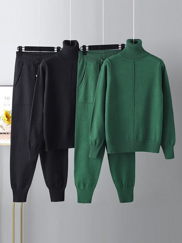 Hauts décontractés à manches longues et col haut avec cordon de serrage et pantalons à jambes larges