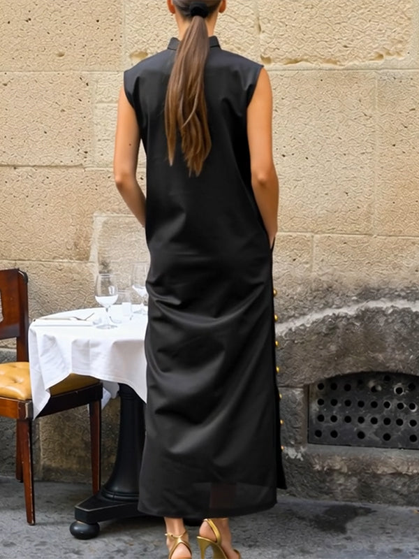 Robe chemise boutonnée fendue sur le côté sans manches, à col montant, couleur unie