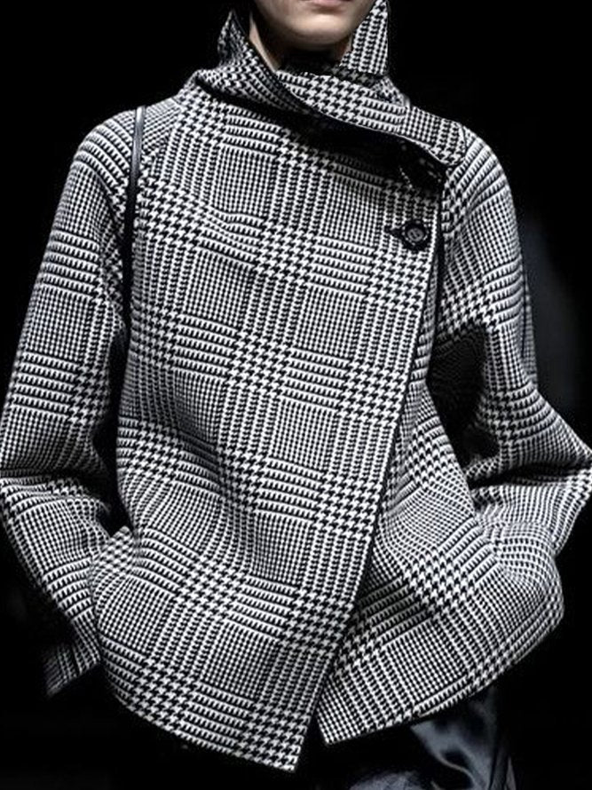 Veste ample asymétrique à manches longues, à motif pied-de-poule, à carreaux, à col montant