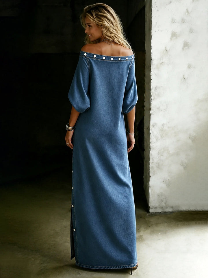 Robe longue boutonnée à poches, à manches trois-quarts, coupe droite, à épaules dénudées, couleur unie