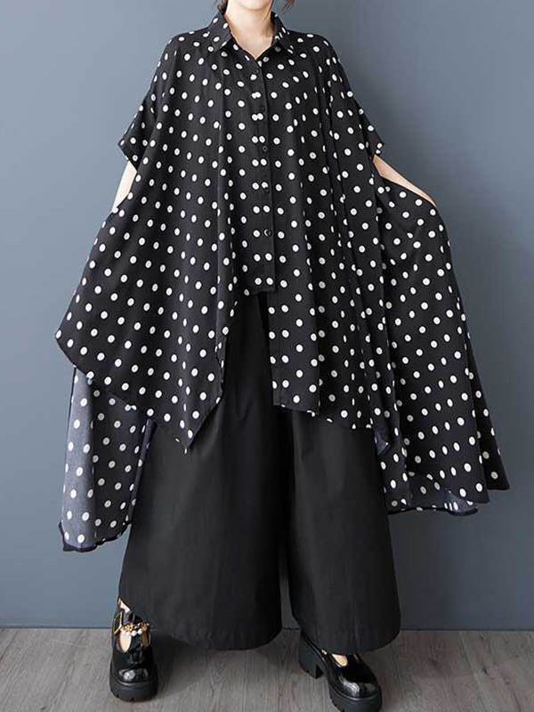Robe chemise asymétrique boutonnée coupe trapèze, à ourlet plongeant, à pois, à col revers