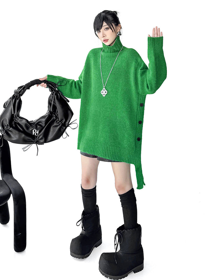 Irrégularité Manches Longues Côtes Boutonnées Couleur Unie Joint Fendu Col Haut Pull Hauts