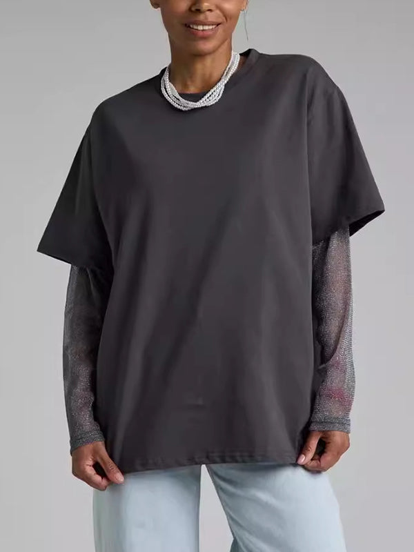 T-shirt ample transparent effet deux pièces, à empiècements, anti-UV, à col rond