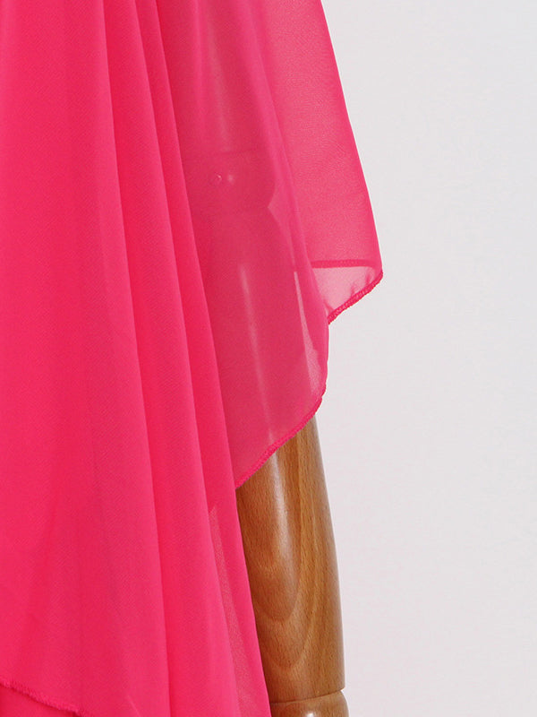 Robe longue ample à manches raglan, à volants étagés, à col montant, couleur unie