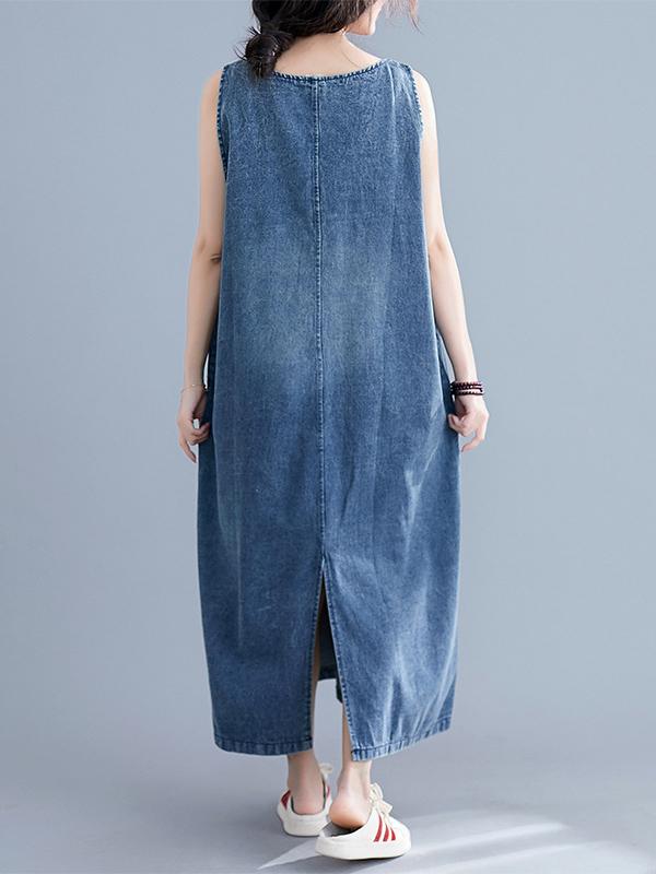 Robe mi-longue ample sans manches, en jean, à col en V