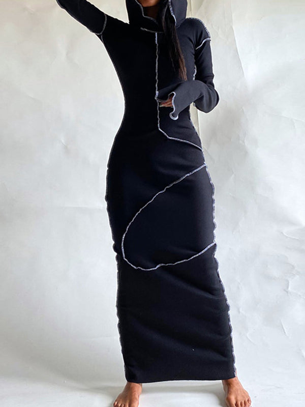 Robe longue à manches longues, grande taille, à empiècements, à capuche, couleur unie