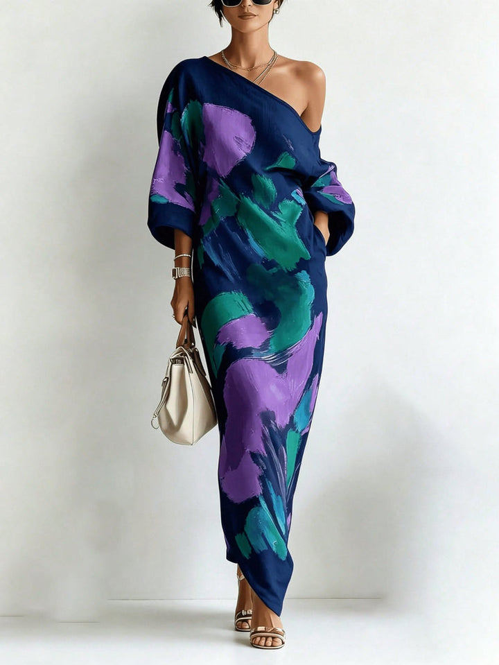 Robe longue ample asymétrique imprimée à manches longues, à poches, asymétrique à une épaule, couleur contrastée