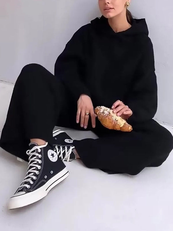 Ensemble deux pièces ample à col rond, à capuche, à manches longues, à cordon de serrage, couleur unie – pull + haut + pantalon