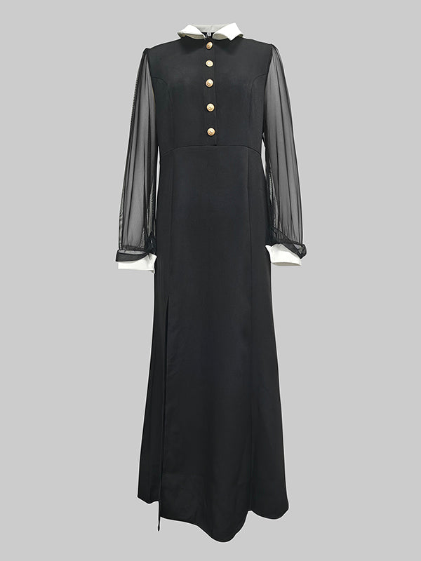 Robe chemise boutonnée transparente fendue sur le côté à manches longues, à col revers, couleur unie