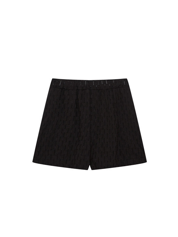 Ensemble deux pièces boutonné à ourlet plongeant, à manches longues, en jacquard, à col revers, couleur unie – chemise + haut + short