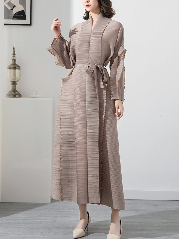 Robe mi-longue décontractée ample nouée plissée à manches longues, à col montant