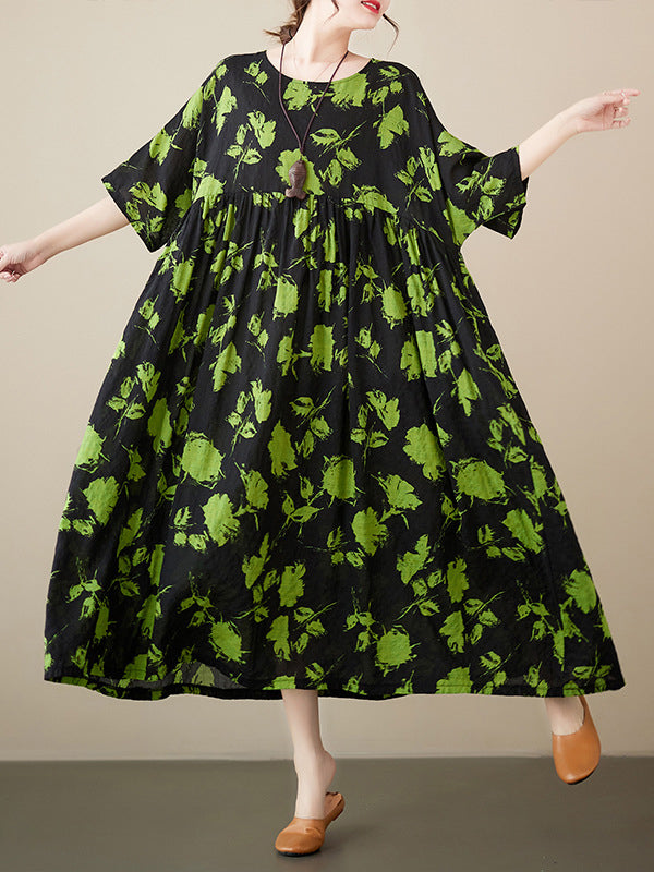 Robe mi-longue ample plissée à fleurs, à col rond