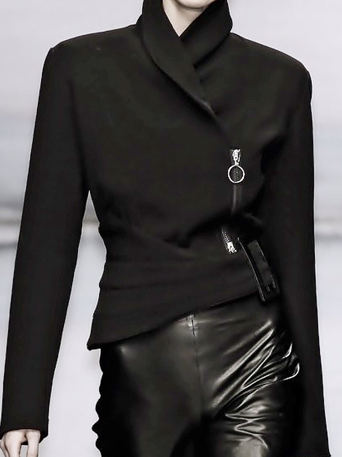 Veste asymétrique à manches longues, à fermeture éclair, à col montant, couleur unie