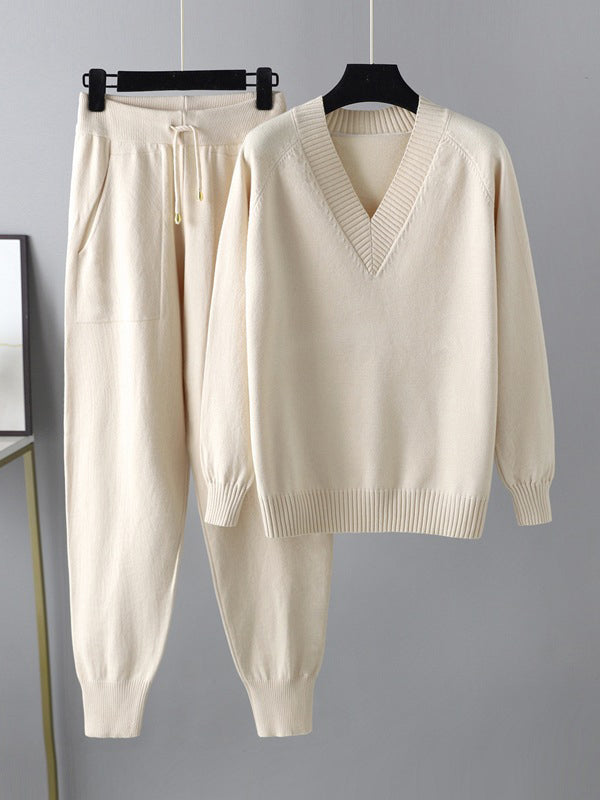 Ensemble deux pièces décontracté ample à col en V, couleur unie – sarouel + pull + pantalon