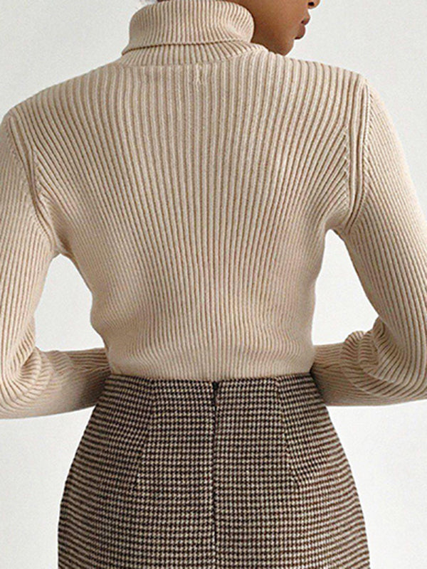 Pull à manches longues, coupe près du corps, à col haut, couleur unie