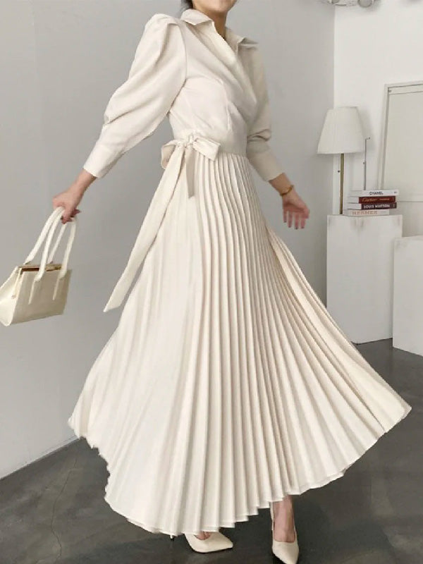Robe chemise asymétrique plissée à col revers, couleur unie