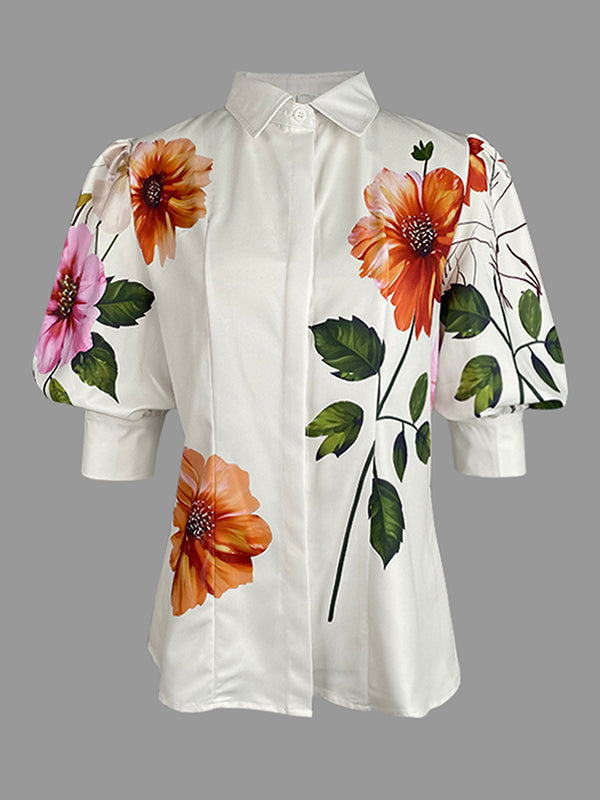 Chemisier asymétrique à manches bouffantes, à imprimé floral, à empiècements, à col revers