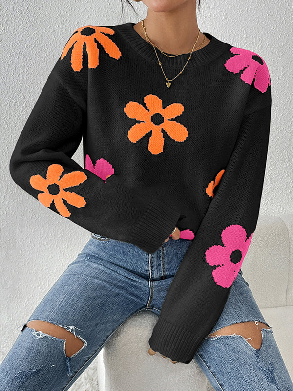 Pull ample à manches longues, à imprimé floral, à col rond, couleur contrastée