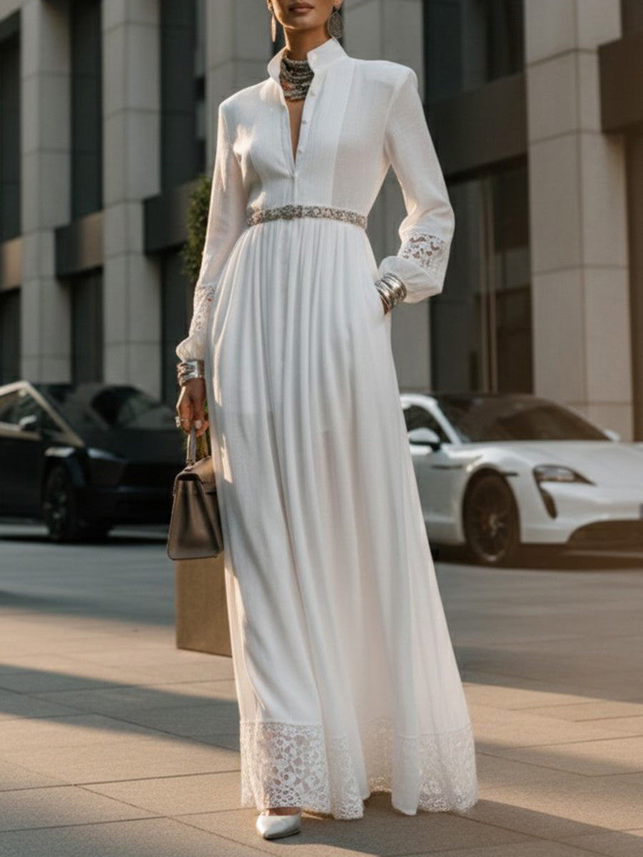 Robe chemise boutonnée ajourée plissée coupe trapèze, taille haute, avec ceinture, à poches, à empiècements, à col montant, couleur unie
