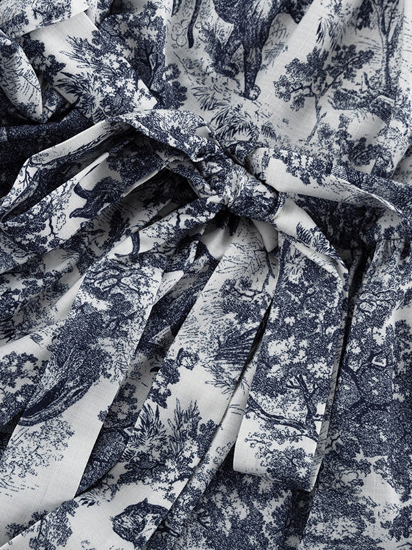 Robe chemise ample plissée imprimée à manches bouffantes, à empiècements, à taille nouée, à col revers