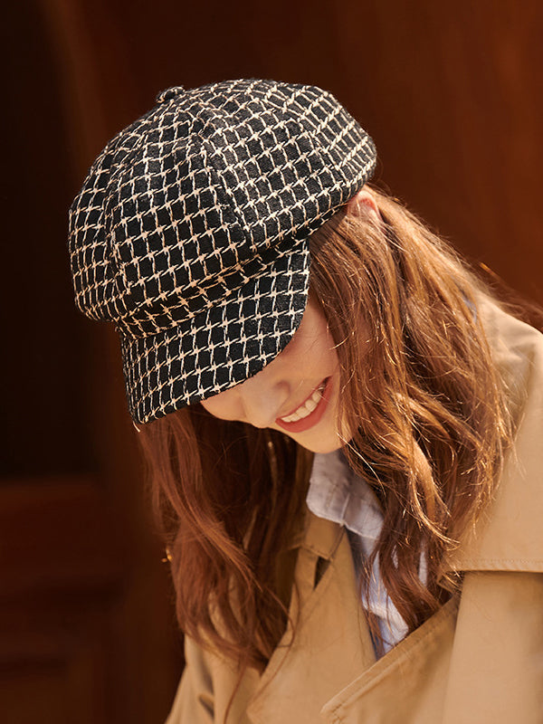 Chapeau en laine à carreaux pied-de-poule de couleur contrastée vintage
