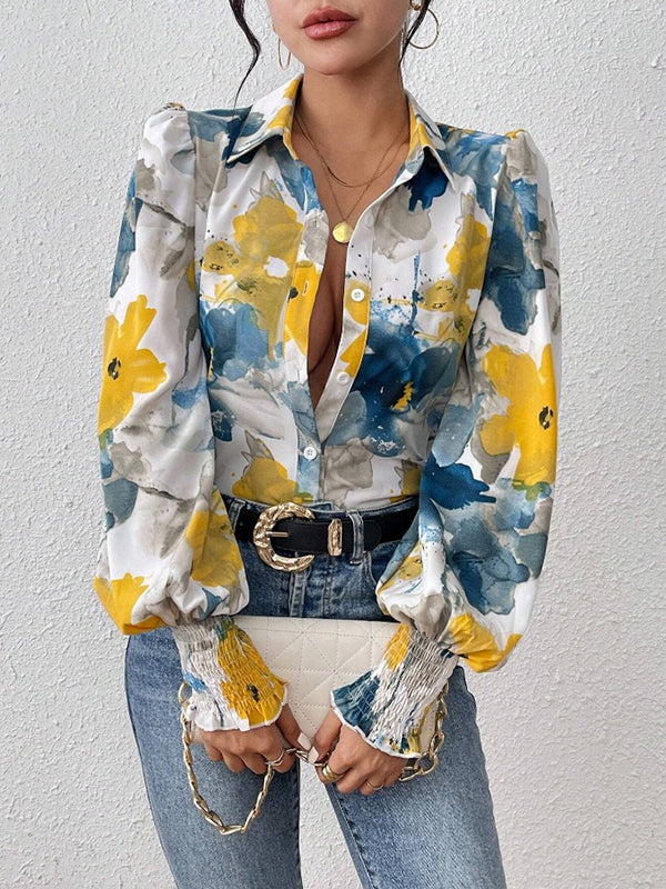Chemisier ample boutonné plissé à manches longues, à taille élastique, à imprimé floral, à col revers
