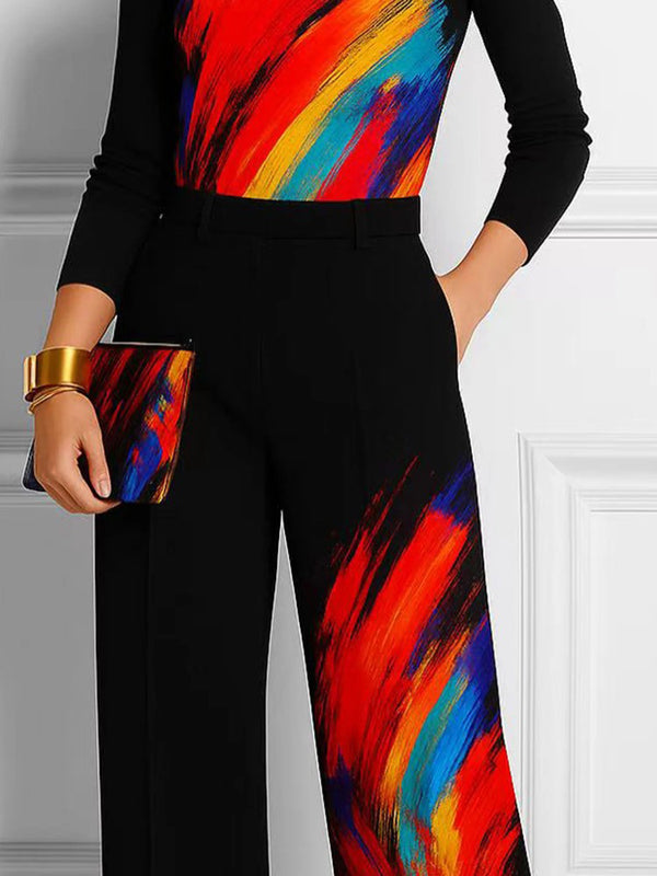 Pantalon imprimé à jambes larges, à poches, couleur contrastée