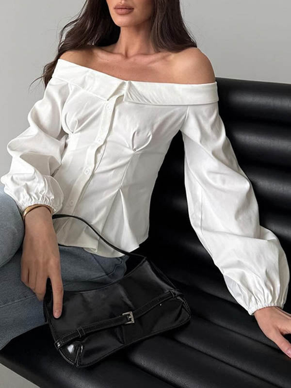 Chemisier ample boutonné à manches longues, à taille élastique, à poches, à épaules dénudées, couleur unie