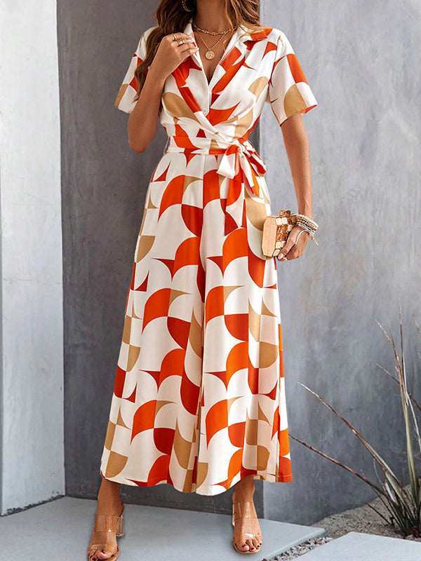 Combinaison ample boutonnée taille haute, à taille nouée, à col en V, couleur contrastée