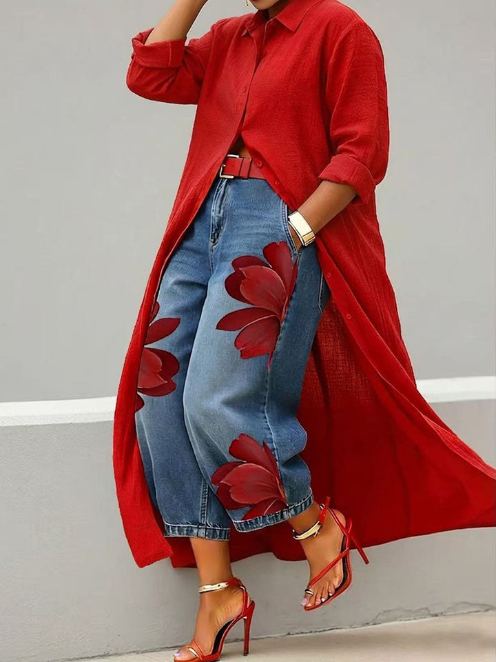 Pantalon 7/8 ample à jambes larges, à imprimé floral, sans ceinture, à poches