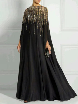 Robe longue ample à manches longues, à strass, à col rond