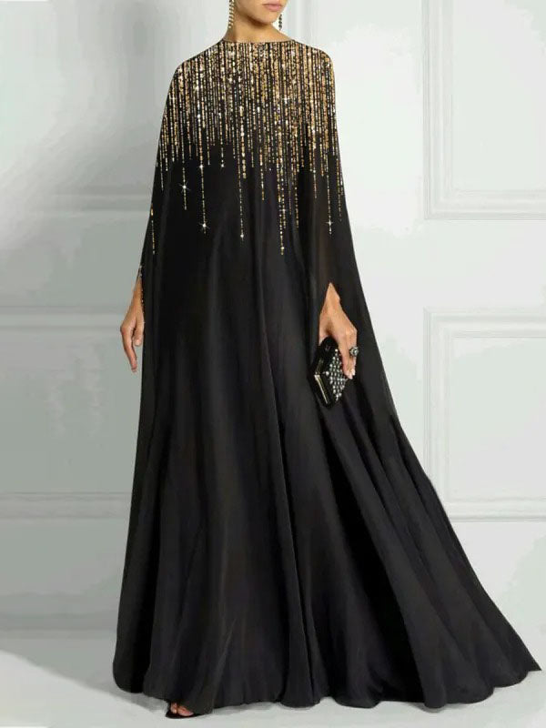 Robe longue ample à manches longues, à strass, à col rond