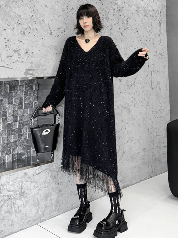 Robe pull brillante à coupe irrégulière, à manches longues, à sequins, à empiècements, à pompons, à col en V, couleur contrastée