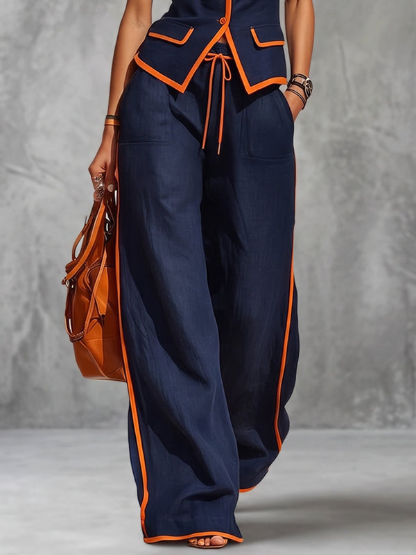 Pantalon taille haute, à jambes larges, à cordon de serrage, à poches, couleur contrastée