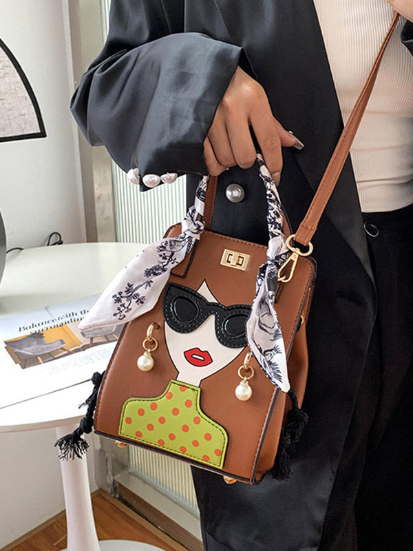 Sac à main imprimé à motifs figuratifs, à empiècements