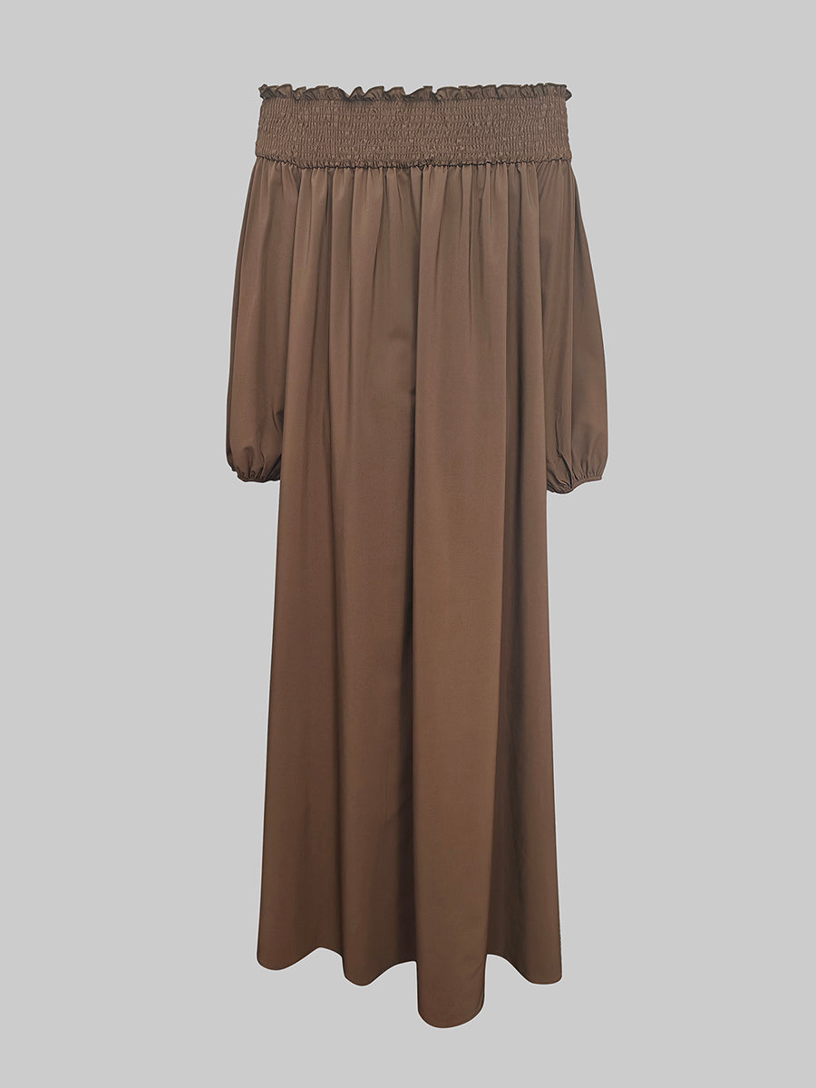Robe longue ample plissée à manches bouffantes, à taille élastique, à épaules dénudées, couleur unie