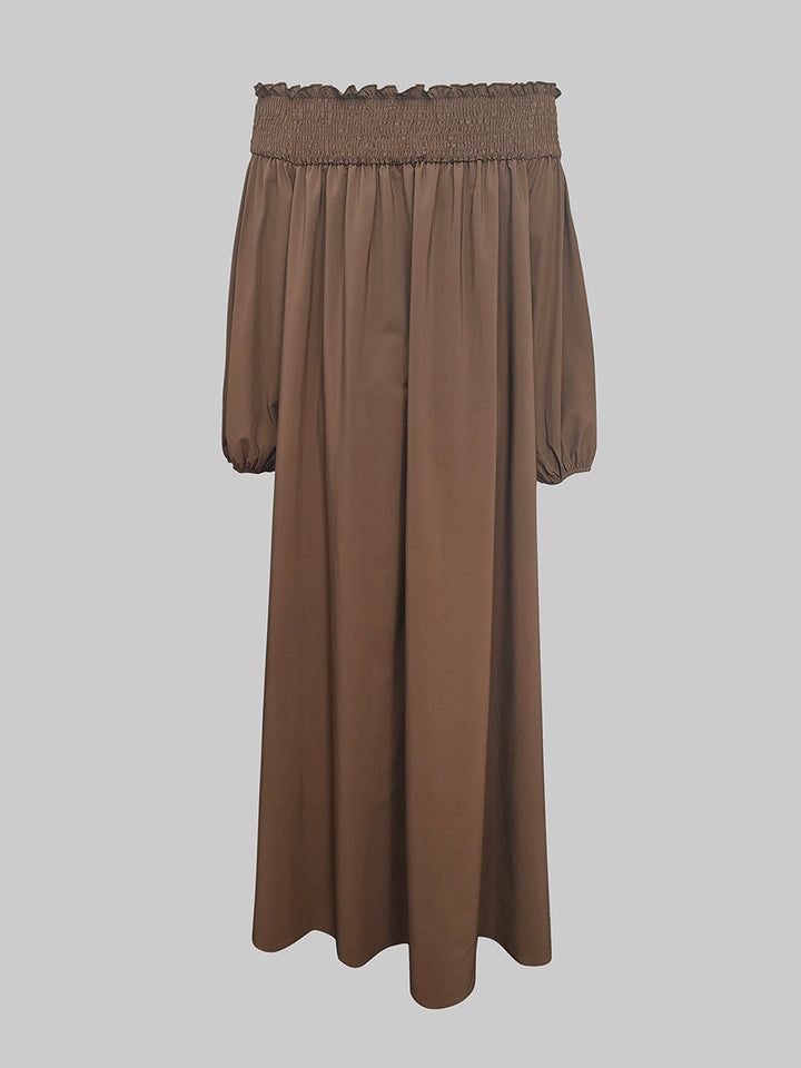 Robe longue ample plissée à manches bouffantes, à taille élastique, à épaules dénudées, couleur unie