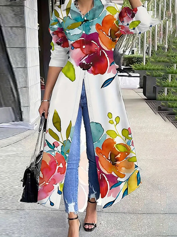 Robe chemise ample boutonnée à manches longues, à imprimé floral, à col revers