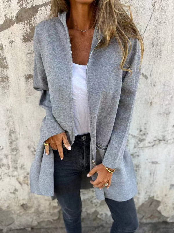 Veste à capuche, à manches longues, à poches, à empiècements, à fermeture éclair, couleur unie