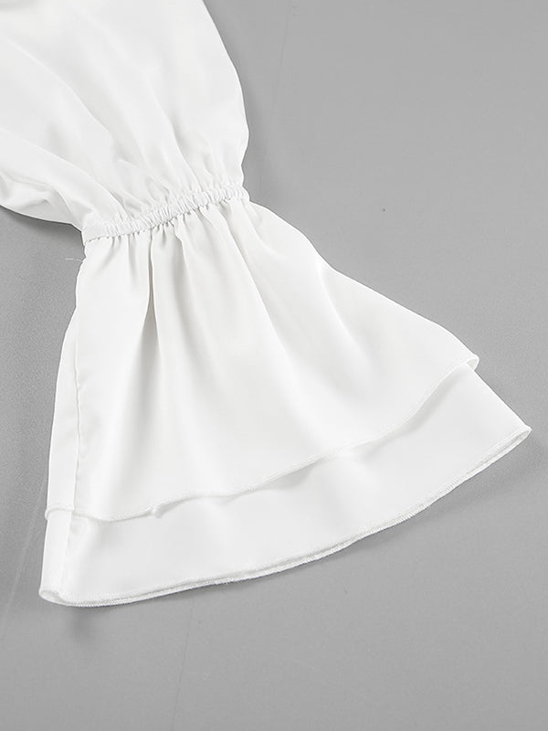 Robe courte boutonnée plissée nouée coupe trapèze, à manches évasées, à taille élastique, à fermeture éclair, à col montant, couleur unie