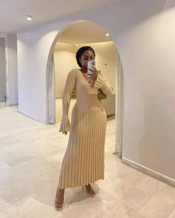 Sara - Nouvelle Robe Midi Tricot d'Automne avec Manches