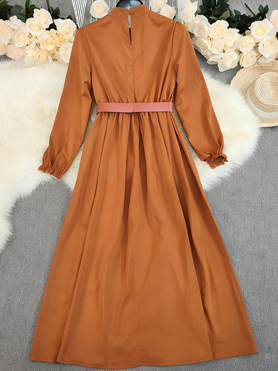 Robe chemise boutonnée plissée coupe trapèze, à taille élastique, avec ceinture, à empiècements, à col montant, couleur contrastée