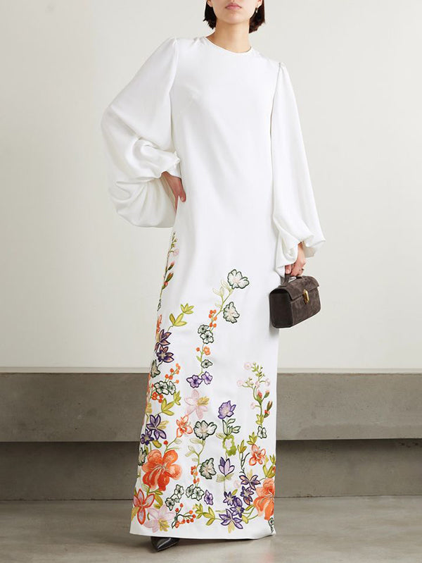 Robe longue ample à manches longues, à taille élastique, à imprimé floral, à col rond