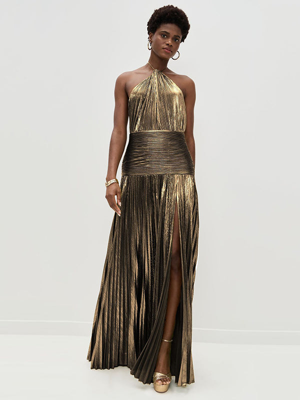 Robe longue plissée brillante fendue sur le côté à taille élastique, sans manches, à col licou, couleur unie