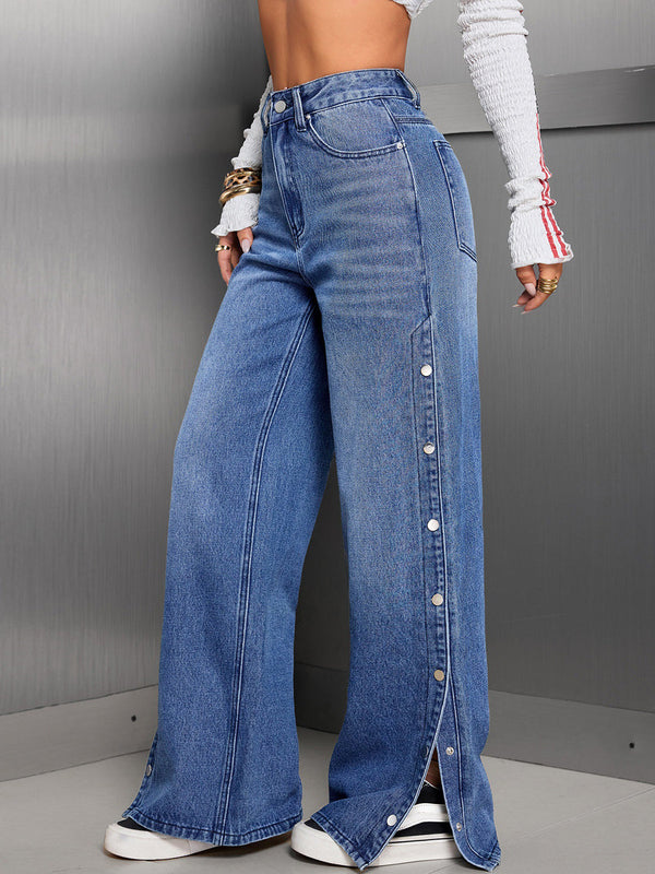 Jean boutonné taille haute, à jambes larges, à poches, couleur unie